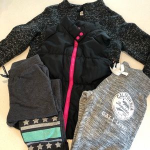 Girls sweater & puffer vest, 2 joggers (6x, 7/8)